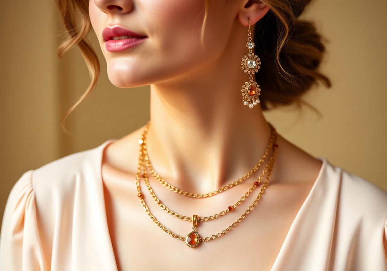 Modelo usando colar e brincos de semijoia